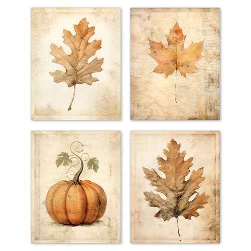 Hxlac Vintage Fall Leaves Pumpkin Wall Art Prints Set of 4 Unframed - Pumpkin Fall Wall Art, Autumn Maple Leaves Home Living Room Office Room Wall Decor, Retro Pumpkin Fall Wall Decor(8x10 Inches)