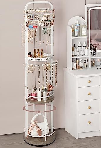 White Large Rotating Jewelry Tree & Organizer Stand with Earrings & Necklace Storage
