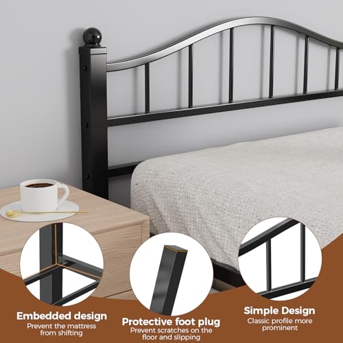 Full Size Black Metal Bed Frame with Headboard — Noise-Reducing, Space-Saving Design