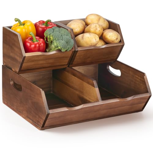 Walnut Color Stackable Acacia Wood Potato & Onion Storage Bin Set - Medium