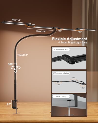 4-Head Curved Gooseneck Clamp Desk Lamp 24W Dimmable Multi-Color Office Light