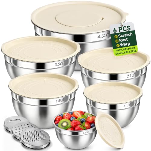 RFAPPMV Beige 6-Piece Stainless Steel Mixing Bowls Set with Lids & Graters