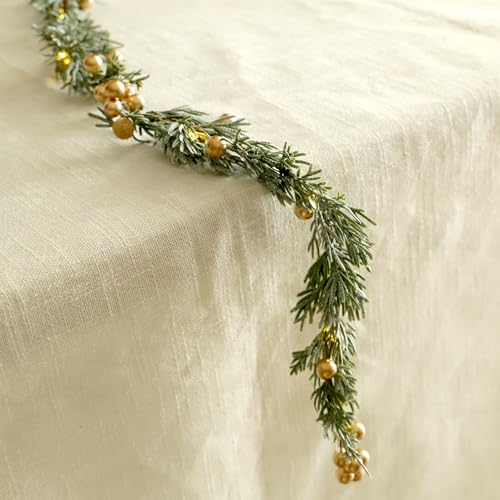 Sunset Home 6.5Ft Battery-Operated Christmas Garland with Lights, Gold Berries & Remote, Indoor Outdoor
