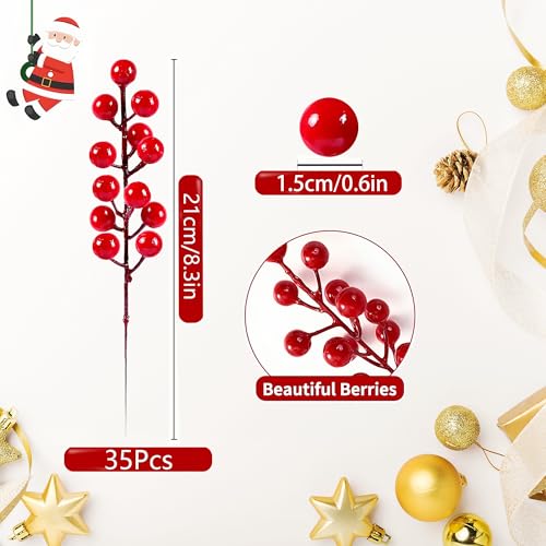 35 Pack Artificial Red Berry Stems for Christmas Tree Decorations - 8.3 Inch Holiday Picks