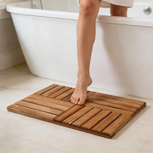 Utoplike Teak Bath Mat 24x16 Inch Non-Slip Wooden Shower Mat for Bathroom & Indoor Use