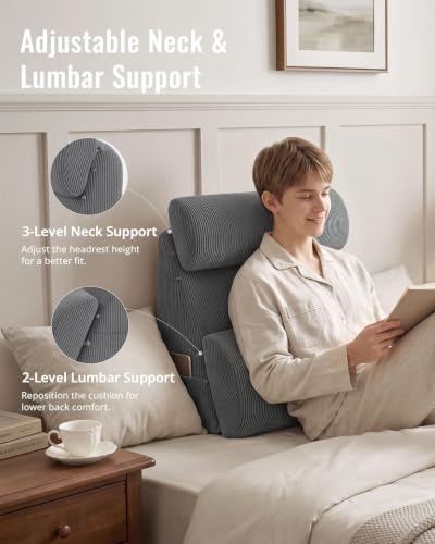 Grey Blissful Diary Reading Pillow with Wide Backrest & Adjustable Support - 19inch