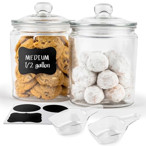KooK 0.5 Gallon Glass Food Storage Containers Set of 2 with Airtight Lids and Chalk Labels