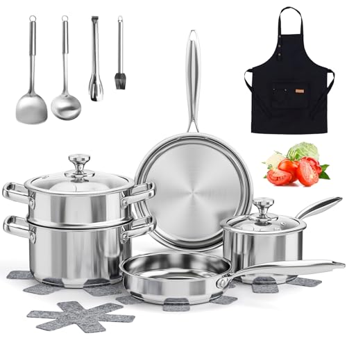 16-Piece Stainless Steel Cookware Set with Pots Pans Lids Steamer & Utensils