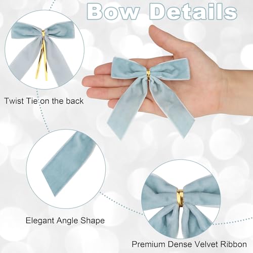 Christmas Velvet Bows Light Blue 24 Pack ? 3.5 Inch Holiday Tree Ornaments with Twist Tie Decorative Ribbon Bows for Christmas Tree, Wreath, Gift Wrapping & Party Decoration
