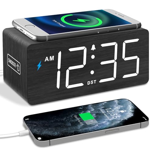 Black Wooden Digital Alarm Clock with Wireless Charging Station - DreamSky