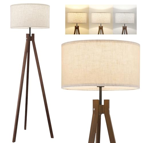 ELYONA Brown Wooden Tripod Floor Lamp with 3 Color Temperatures - Modern Reading & Night Light