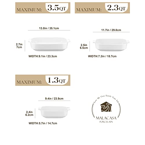 MALACASA Ceramic Casserole Dishes Set of 3,White Baking Dish for