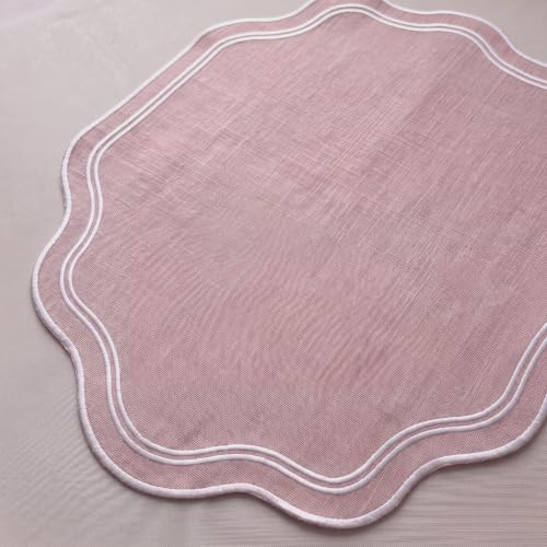 Breling Pink Cotton Scalloped Embroidered Placemats Set of 6 - Elegant Table Decor