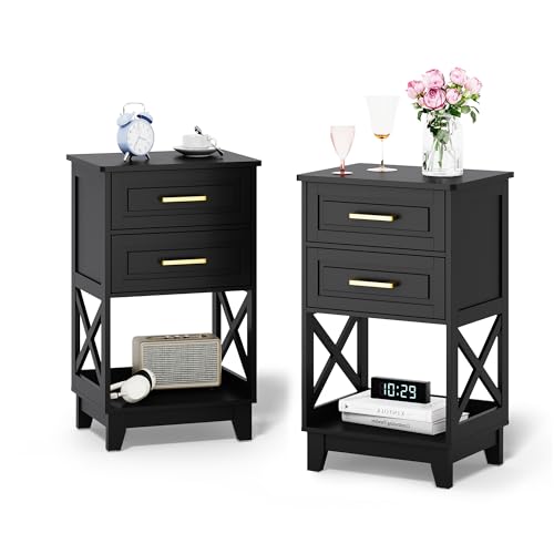 May in Color Nightstand Set of 2 with Open Shelf and Drawers, 30-Inch Tall Bedroom End Tables (Black, 18"Lx14"Wx30"H)