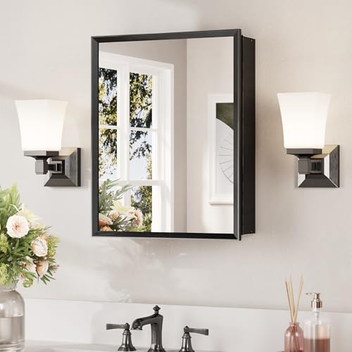 Keonjinn 15x19 Inch Black Medicine Cabinet Mirror with Beveled Frame - Assembly Needed