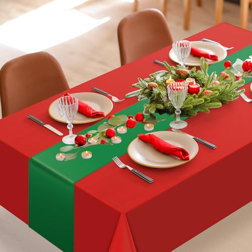 Red & Green Satin Table Runner and Plastic Tablecloth Set - 12 Pack