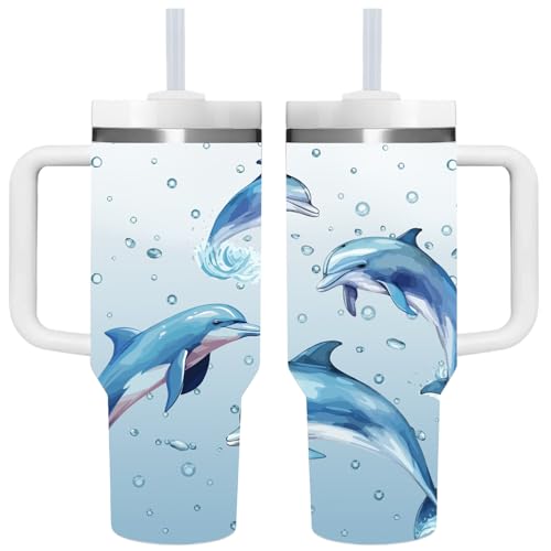 AMZUShome Dolphin 40oz Tumbler with Handle - Dolphin Lover Gift for Women & Men