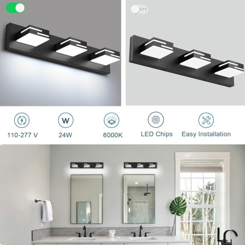 Black Dimmable 3-Light Bathroom Vanity Light 22-Inch with Rotatable Acrylic Heads
