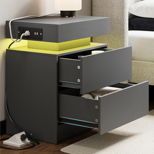 Nightstand with Charging Station & LED Light - Grey, 2 Drawers, Modern Compact