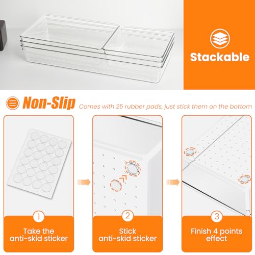 22 Pack Acrylic Drawer Organizer Bins Set - Non-Slip Storage Trays for Kitchen, Bathroom, Office & Cosmetics