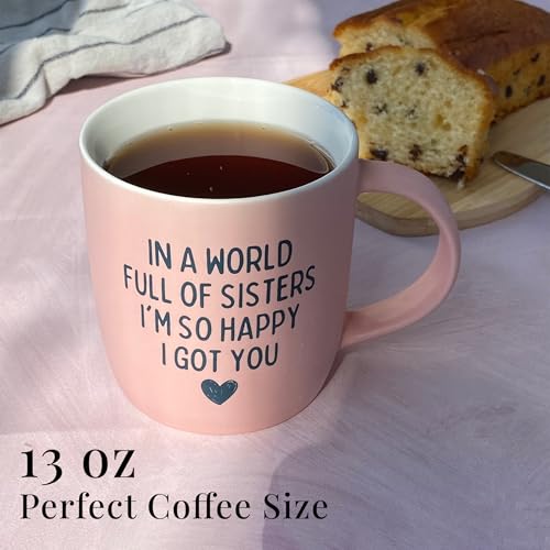 Sister Gift Mug & Cozy Socks Set - 13oz Pink Ceramic Coffee Cup