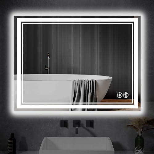 NESDCC 24x36 Inch Bathroom LED Mirror with Anti-Fog & 3 Color Dimmable Lighting, Wall Mount