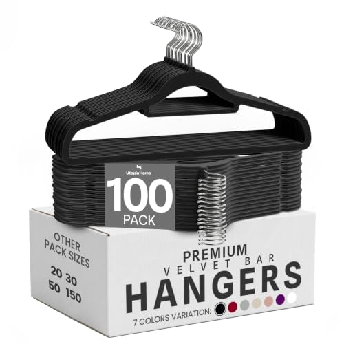 Utopia Home Velvet Hangers 100 Pack with Tie Bar - Black, Slim, Non-Slip