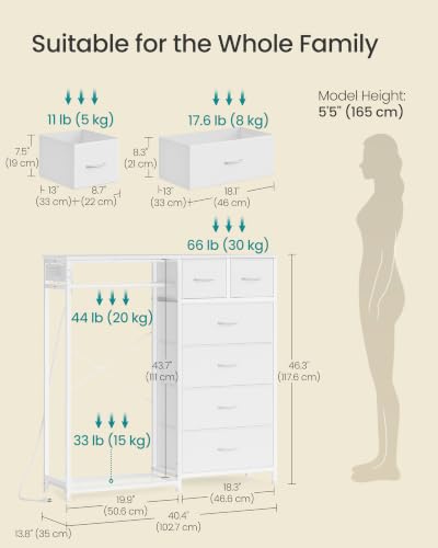 SONGMICS Closet Organizer with Hanging Rod & 6 Fabric Drawers - Cloud White, 13.8"D x 40.4"W x 46.3"H