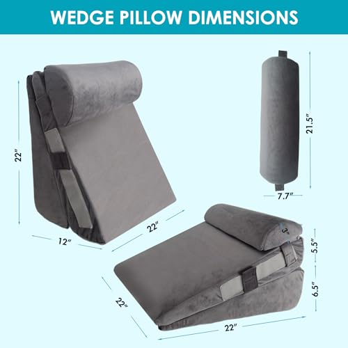 Adjustable Memory Foam Wedge Pillow Set - 12 Inch + 1 Head Pillow, Plush Grey, Post-Surgery & Reflux Relief