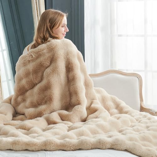 Beige Faux Fur Throw Blanket - Twin 60x80 Inches Cozy Plush Bubble Design