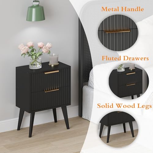 YAUKOMEL Fluted Nightstand with 2 Drawers - Black Bedside Table, Modern Design