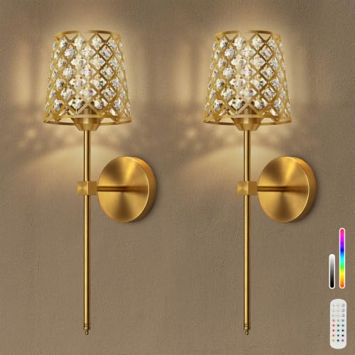 Gold Rechargeable Crystal Wall Sconces Set of 2 - Dimmable RGB & CCT Wall Lamps with Remote - New