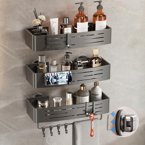 Suction Cup Shower Caddy Rectangle 3 Pack - No Drilling Bathroom Organizer with Towel Bar & Hooks