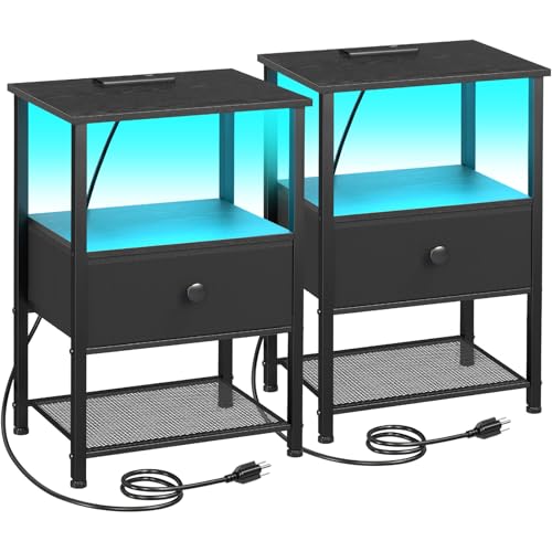 LOAKEKEL Set of 2 Nightstands with Charging Station & RGB LED Lights - Black / LED & Power