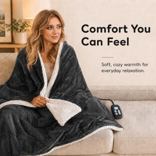 LaffyLo Full Size Electric Heated Blanket 72x84 Dark Grey with 10 Heat Settings