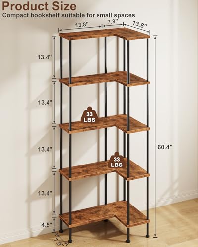 Rustic Brown 5-Tier L-Shaped Corner Bookshelf - 60 Inch Modern Corner Shelf