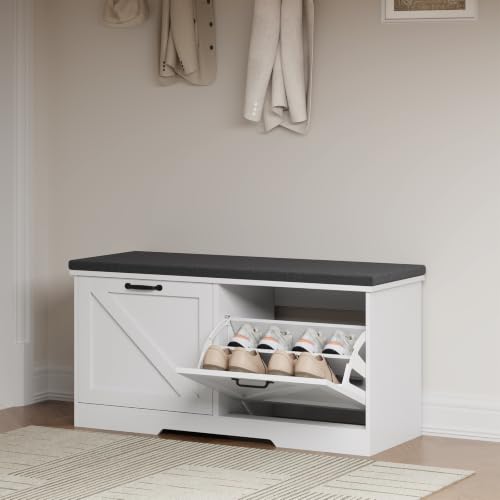 Farmhouse Shoe Storage Bench with Seat Cushion & Adjustable Flip Drawers - 39.4W x 11.8D x 19.7H