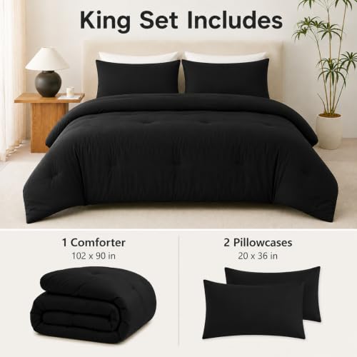 King Comforter Set with Corner Tabs - Black, 3 Pieces Down Alternative Bedding