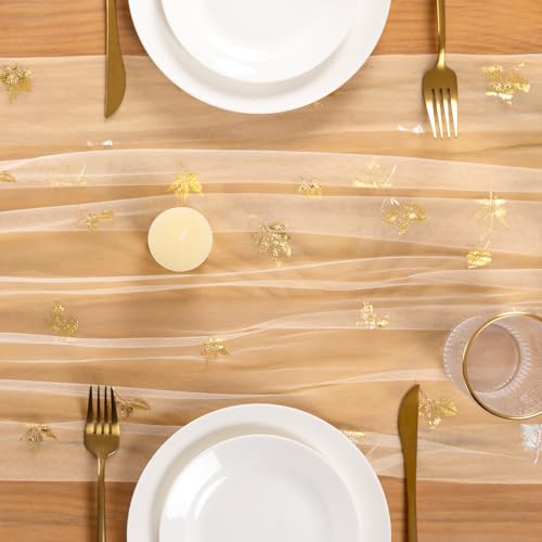 Jimtx Beige Maple Gold Glitter Cheesecloth Table Runner 10FT for Weddings & Events