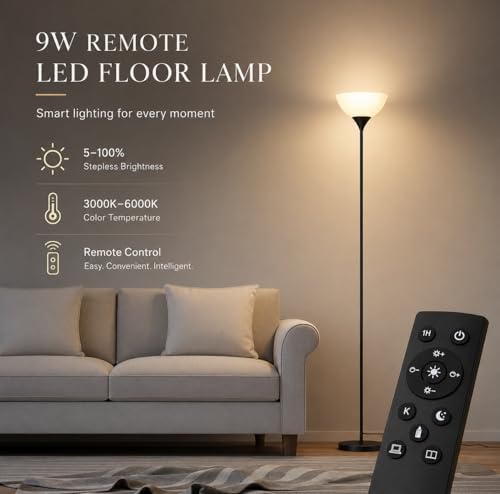 PESRAE Matte Black Foldable Floor Lamp with Remote Control & Stepless Dimming