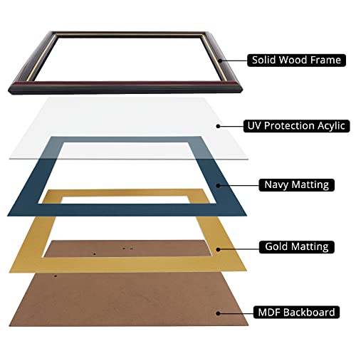 GraduationMall Cherry Wood Diploma Frame with Gold Trim - Navy Mat or No Mat, 8.5x11 or 11x14 Display