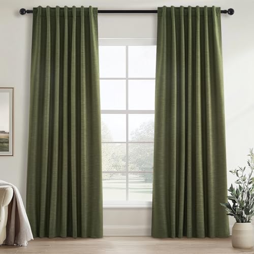 Olive Green Linen Blackout Curtains 84 Inch Pack of 2 for Living Room & Bedroom - Boho Style
