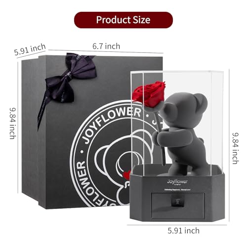 JoyFlower Rose in Hand Teddy Bear with Acrylic Cover & Gift Box - Romantic Preserved Flower Gift for Her