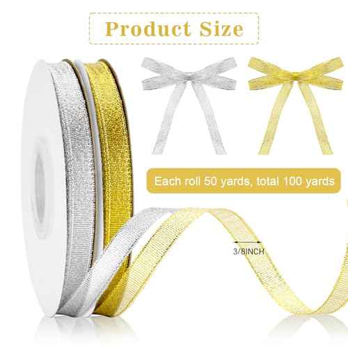 Gold and Silver Glitter Ribbon 3/8 Inch 100 Yards Thin Sparkly Fabric for Gift Wrapping, Presents, Crafts, Christmas Holiday Wedding Birthday Party Decoration
