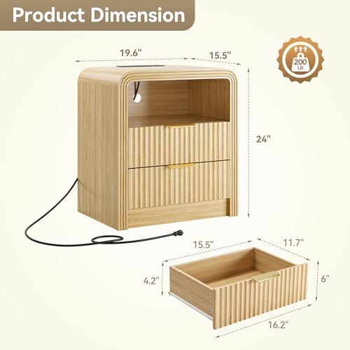 Nightstand with Charging Station - Oak Fluted Design, 2 Drawers - Natural Oak, 1 Pack