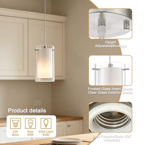 White 3-Pack Pendant Lights for Kitchen Island Adjustable Height Brushed Nickel