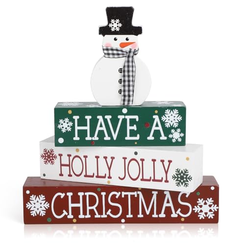 Red Large Christmas Snowman Wooden Table Sign Decor - Holiday Centerpiece, Farmhouse Winter Holiday Office Desk Tiered Tray Christmas Decorations