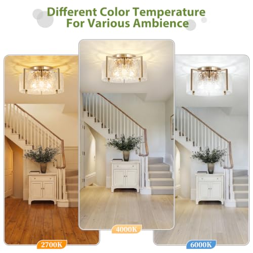 16'' Gold Semi Flush Mount Ceiling Light, 4-Light Glass Drum Light