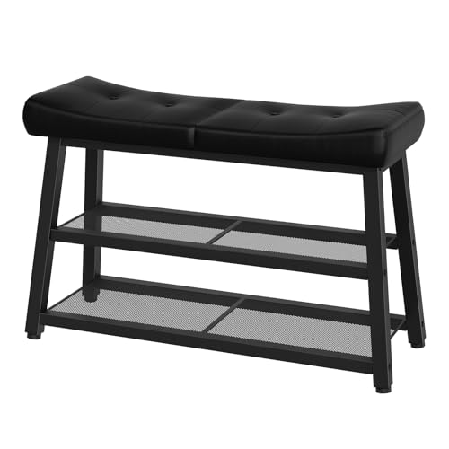 YATINEY Black 3-Tier Shoe Bench with Storage and Cushioned Seat