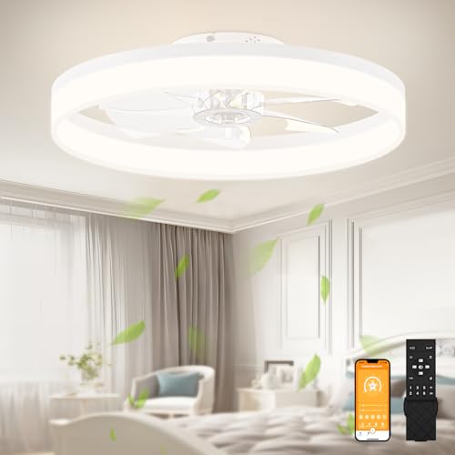 Low Profile Bladeless Ceiling Fan with Dimmable LED Light - 23.6in Flush Mount White